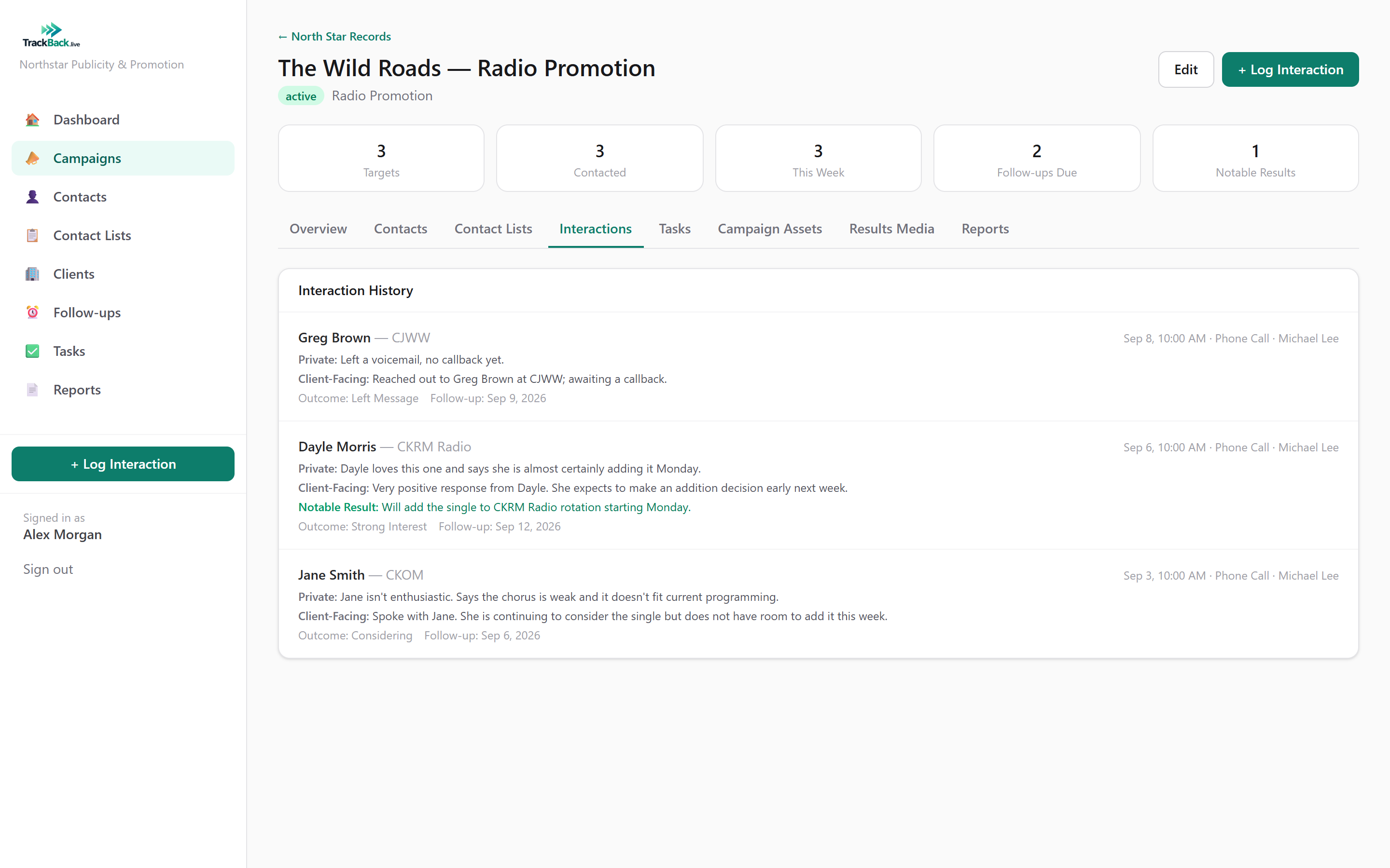 Interaction history showing separate private and client-facing notes plus a notable result