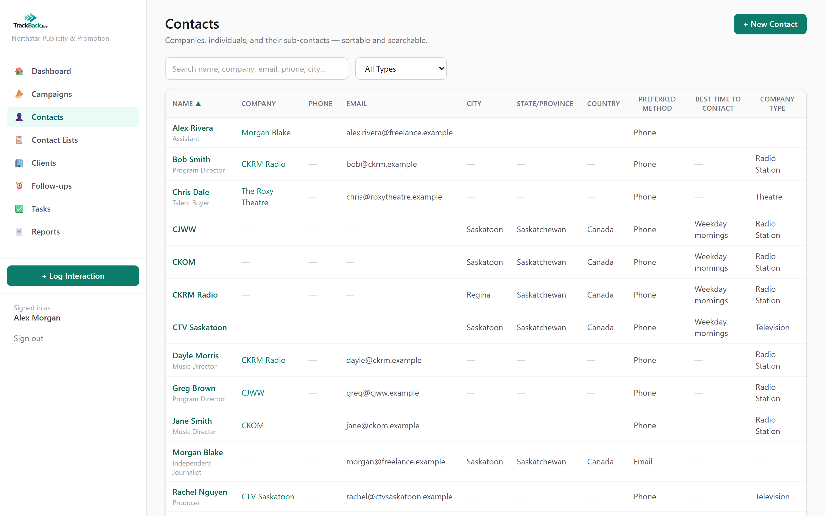 Sortable, searchable contacts table with companies and sub-contacts