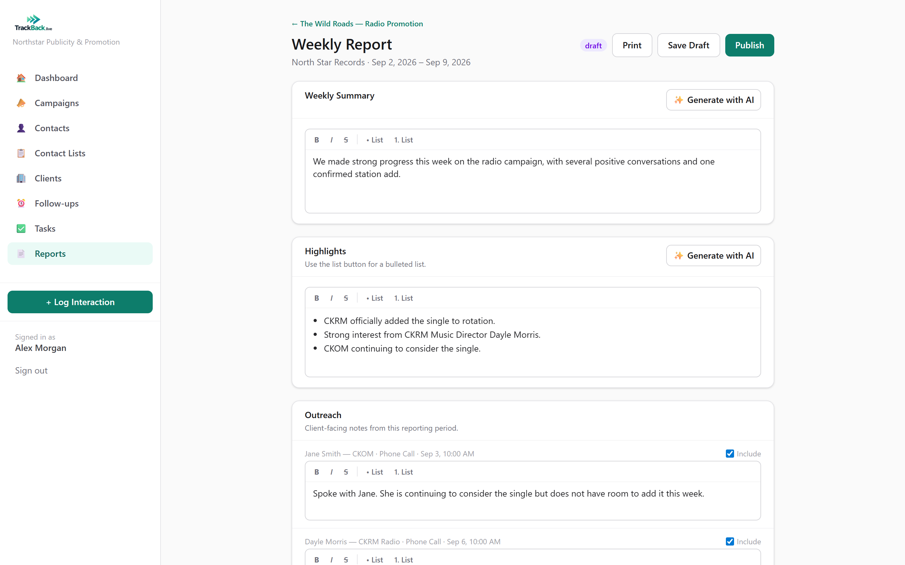 Weekly report draft with AI-generated summary, highlights, and outreach sections